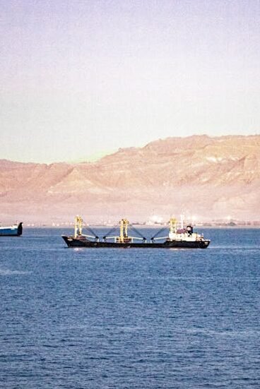 Serene view of cargo ships navigating the Suez Canal with mountains in the background.